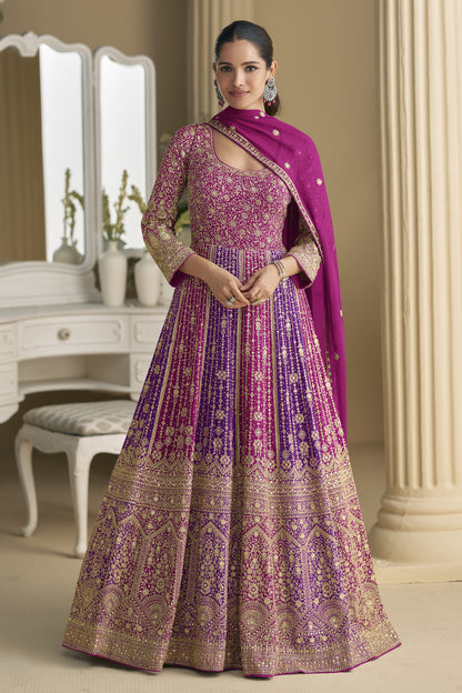 Dark Pink Anarkali Gown With Embroidery For USA Women's