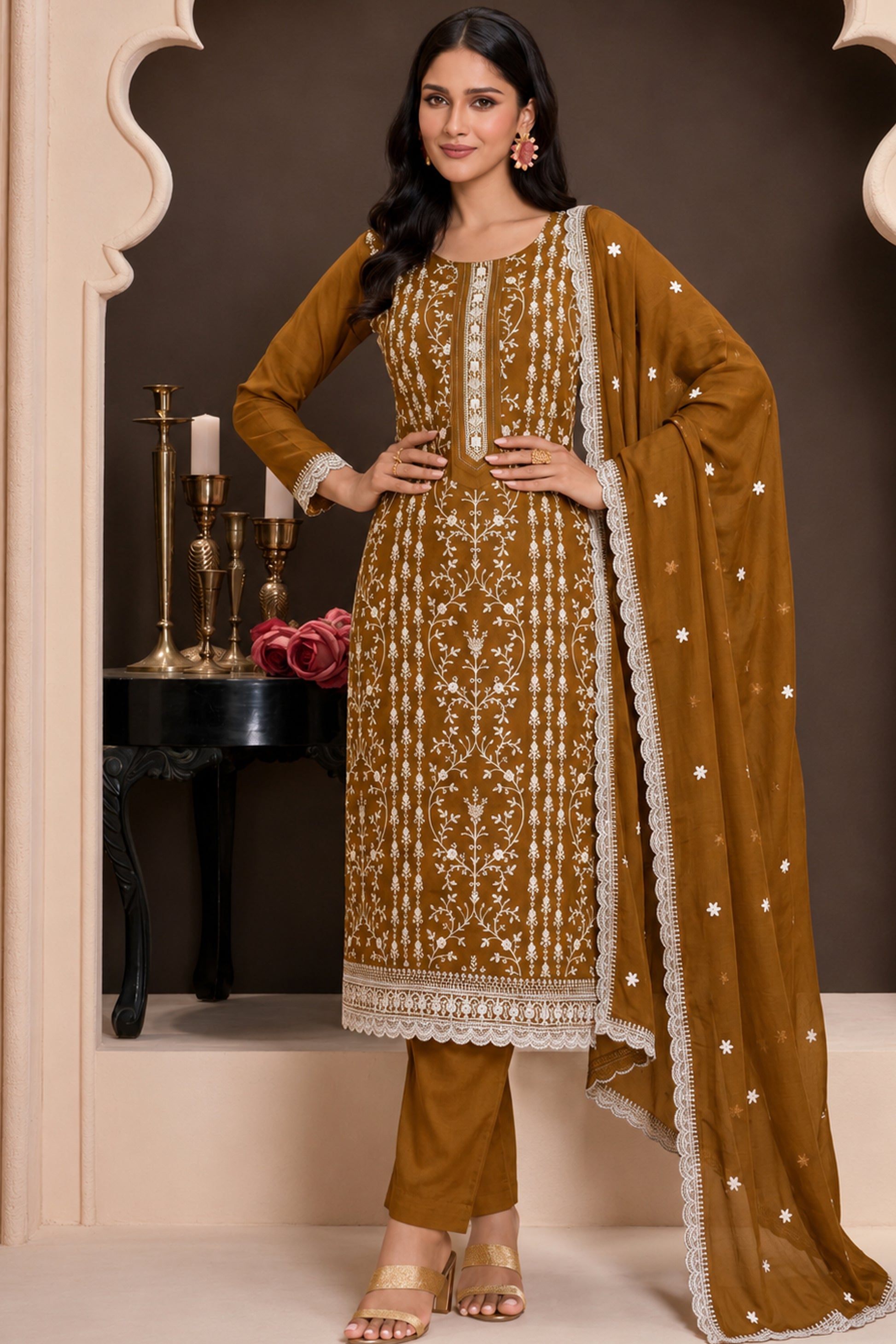 Front view of Bronze Salwar Kameez with thread sequin embroidery work