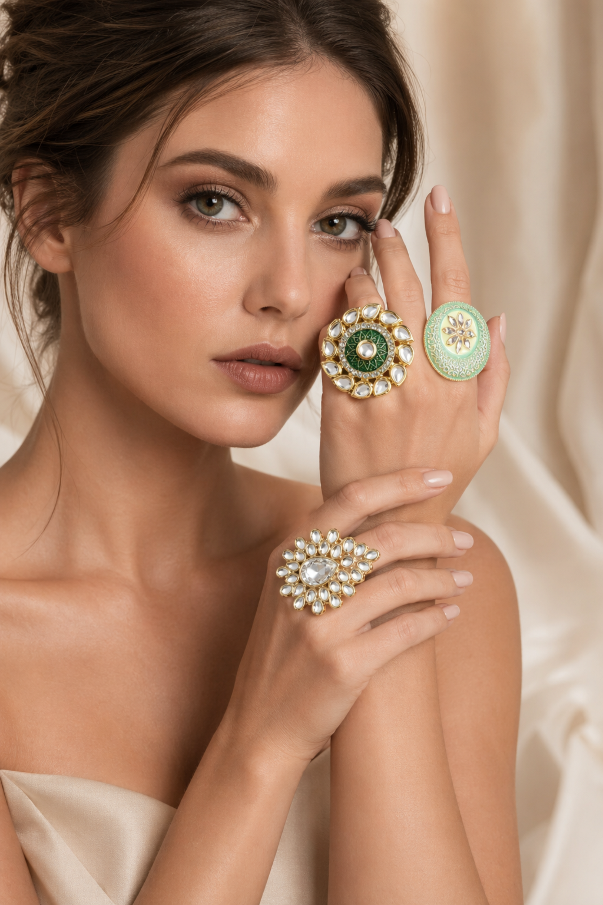 luxury kundan cocktail ring with green enamel