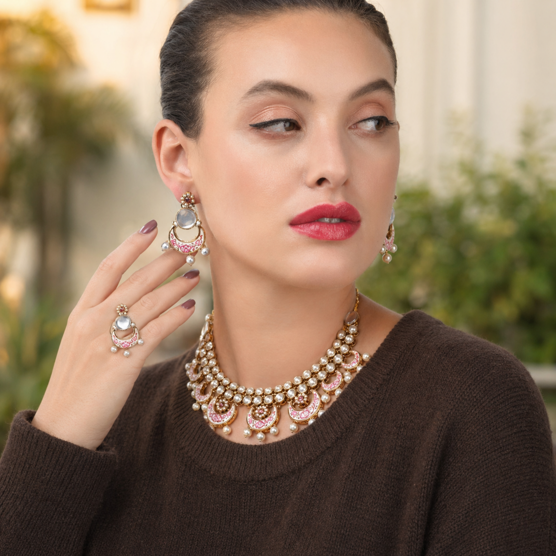 Layered traditional necklace with white stones