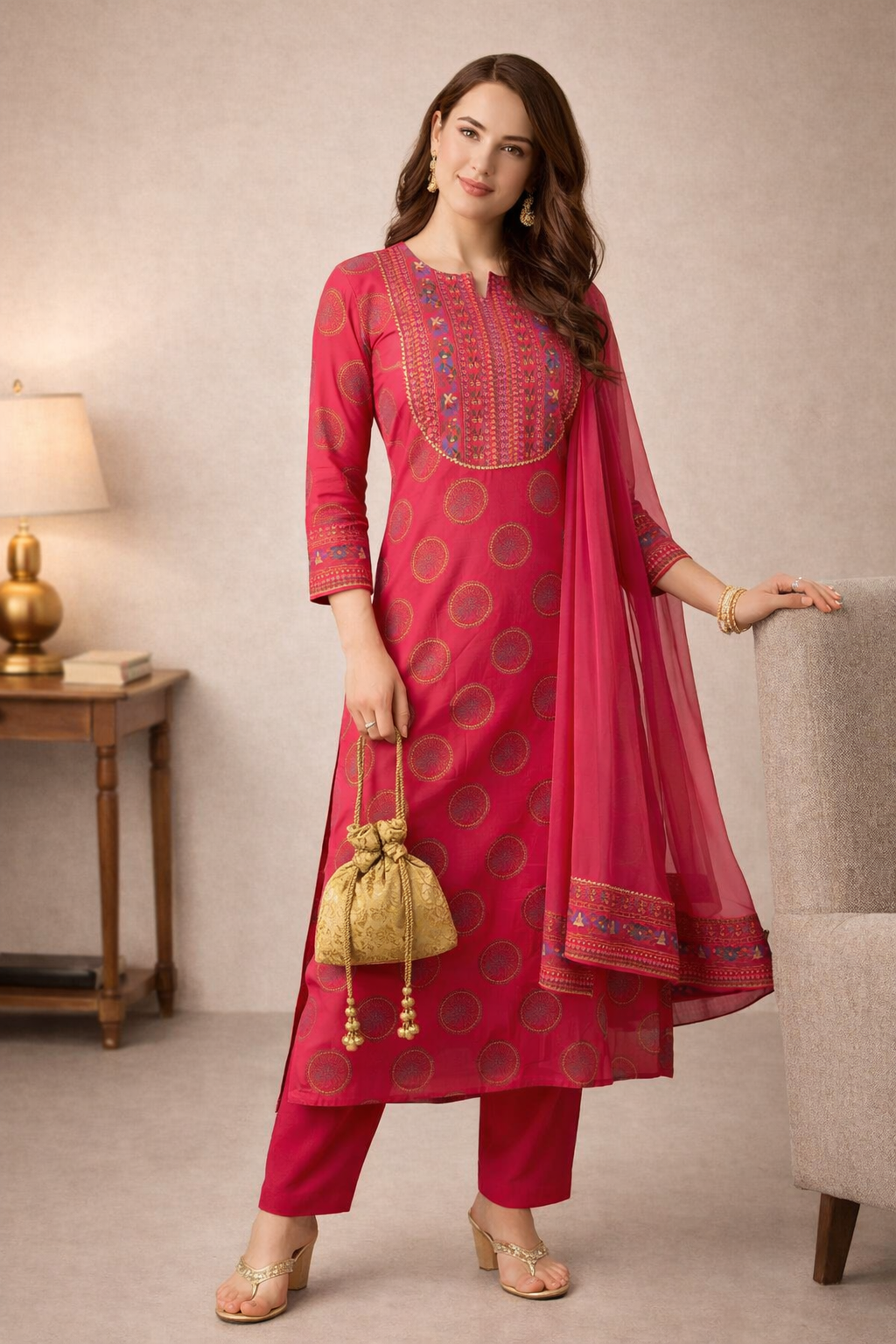 Pink designer women dress front view with Gotta Patti detail