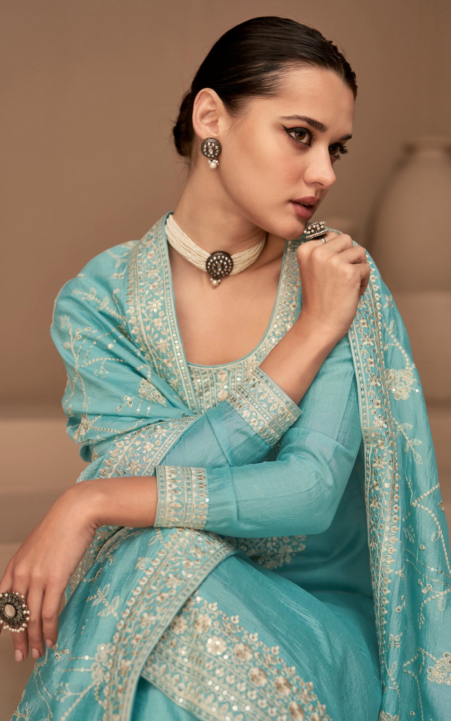 Premium silk cyan blue salwar kameez outfit detail