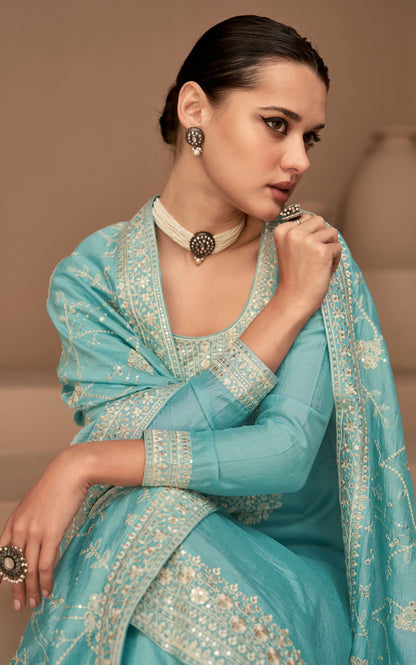 Premium silk cyan blue salwar kameez outfit detail