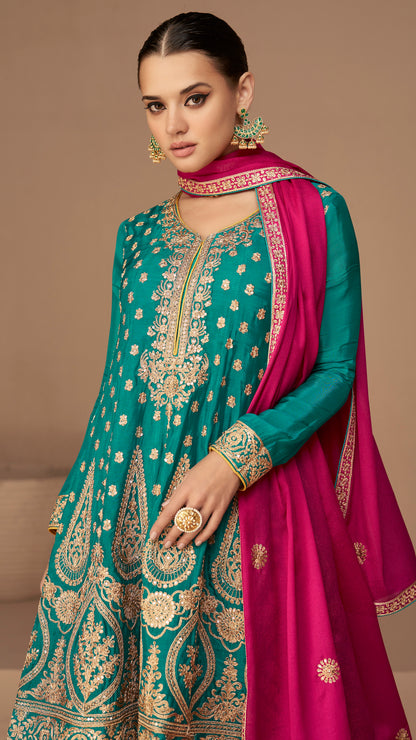 Teal Blue  Chinnon Salwar Kameez Online USA, Elegant Wedding Wear Suit