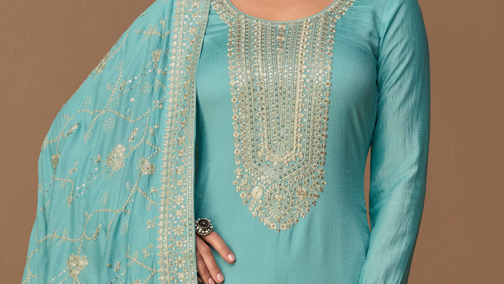 Embroidery work close-up on cyan blue salwar kameez