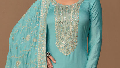 Embroidery work close-up on cyan blue salwar kameez
