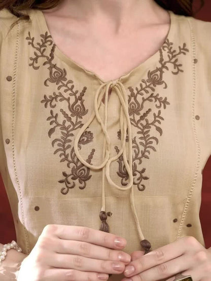 Beige viscose tunic with floral embroidered accents