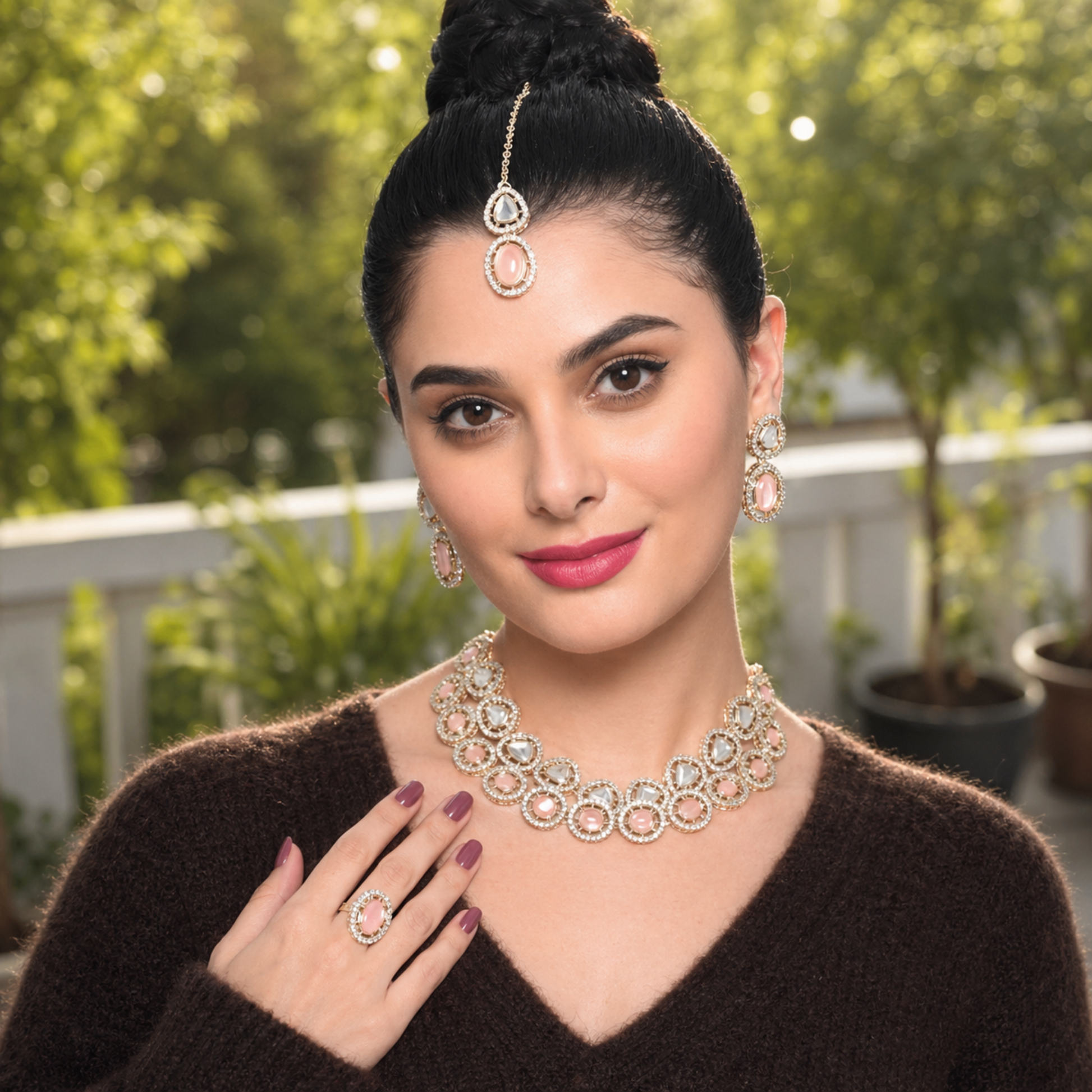 Close view of blush stone necklace with layered structure