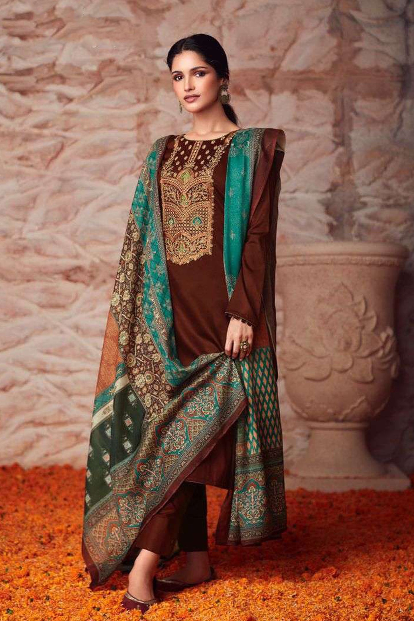 Brown salwar kameez with coding embroidery work - front view designer Pakistani Indian suit with dupatta