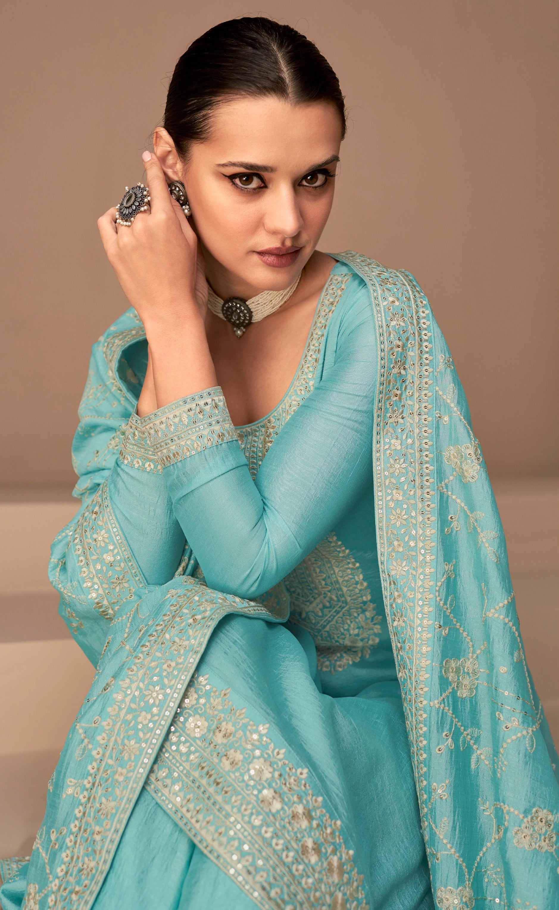 Designer cyan blue salwar kameez women studio image