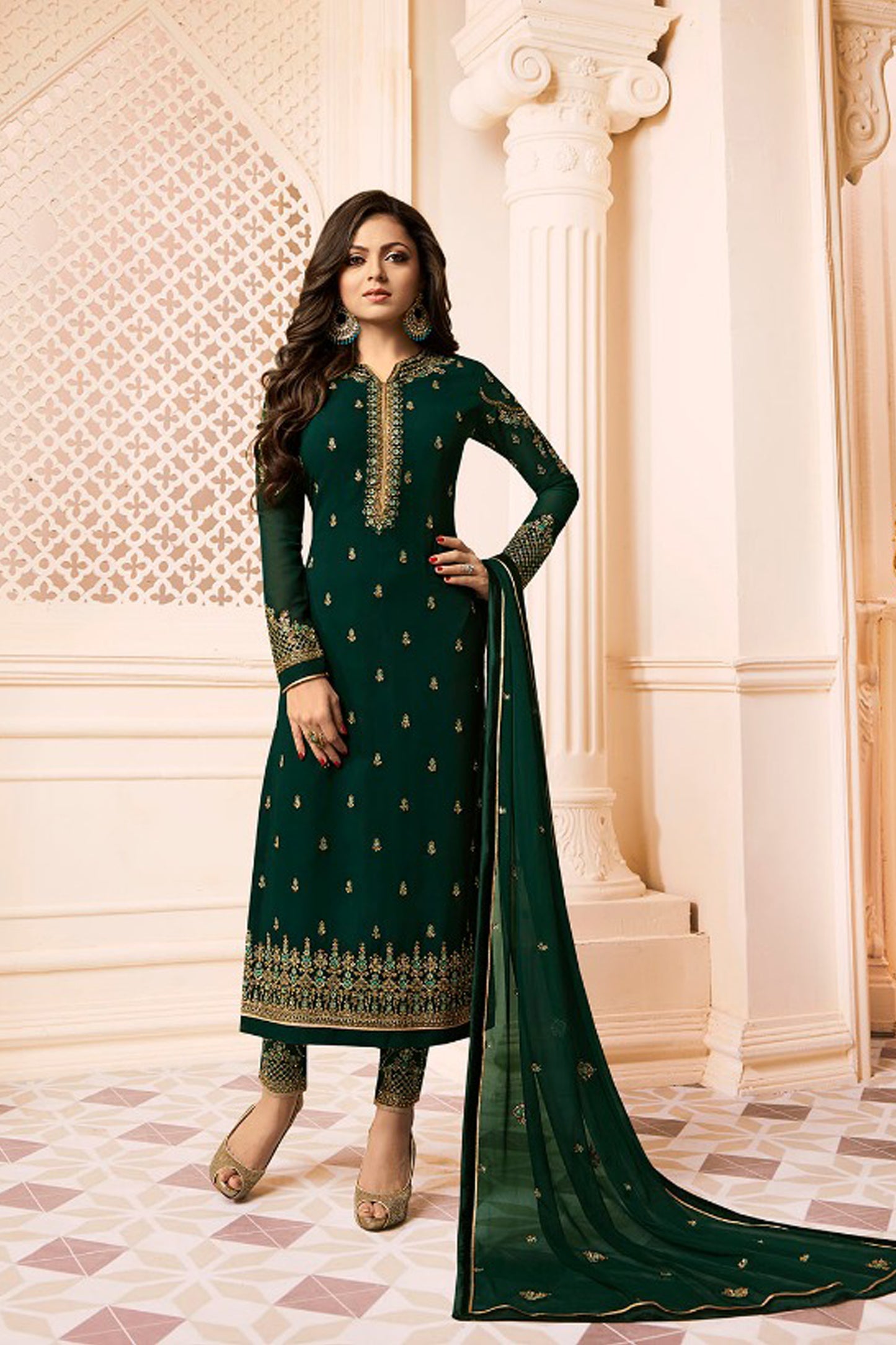 Plus size salwar kameez dark green full front view