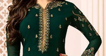 A dark green long-sleeve kurta with intricate gold embroidery on the neckline, front placket, and sleeves, shown on a model.