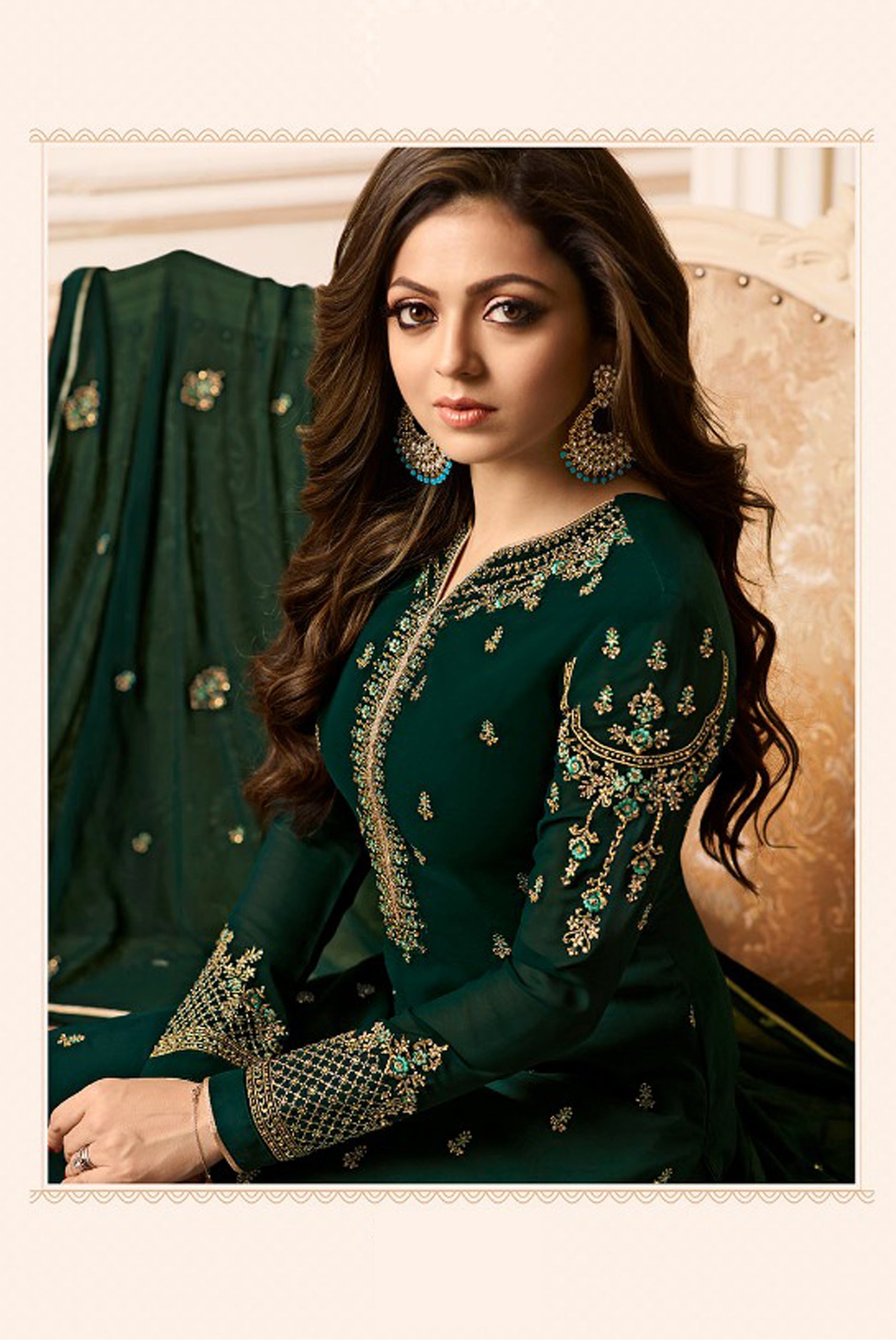 Dark green georgette salwar kameez with embroidery detail
