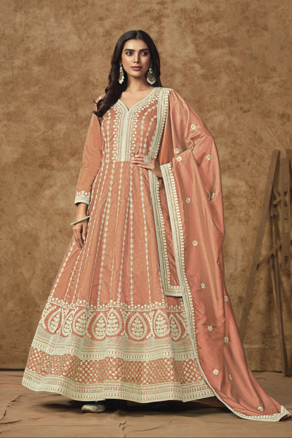 Orange Anarkali Gown for Wedding Party Wear Dupatta Suit for USA Girl's