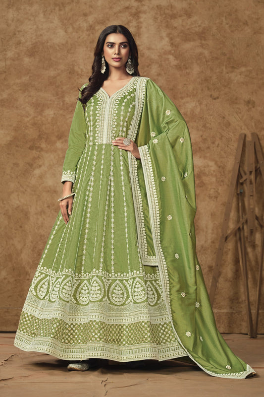 Olive Green Exclusive Anarkali Gown For Wedding Party Wear Suit for USA Women's
