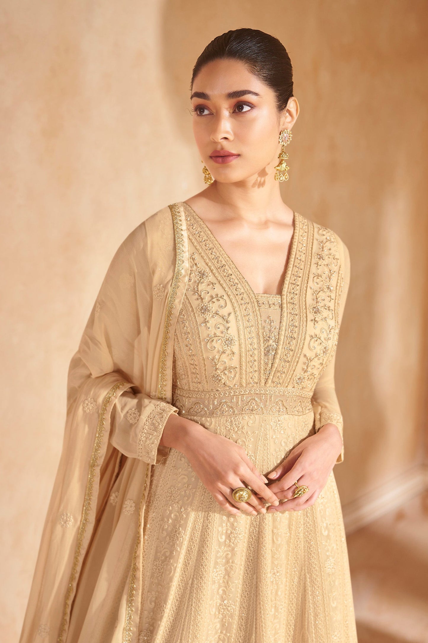Indian Wedding Sangeet Long Flared Real Georgette Beige Anarkali Gown Suits 