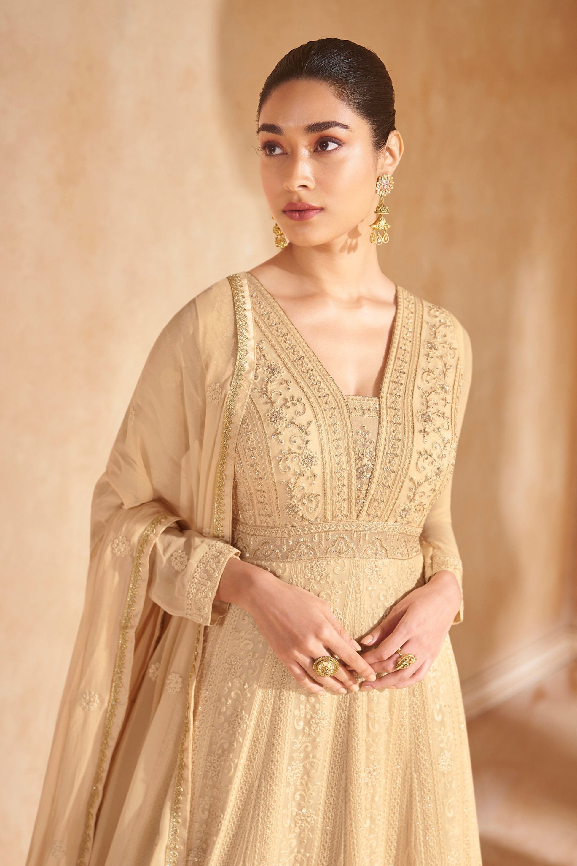 Indian Wedding Sangeet Long Flared Real Georgette Beige Anarkali Gown Suits 
