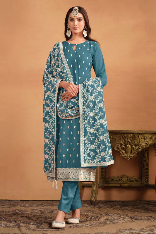 Blue Embroidered Salwar Kameez With Chinon Dupatta - Front View Festive Pakistani Wedding Outfit