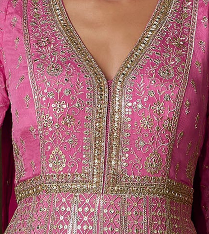 Designer Pink Anarkali Heavy Embroidery Worked Real Georgette Dupatta Suits 