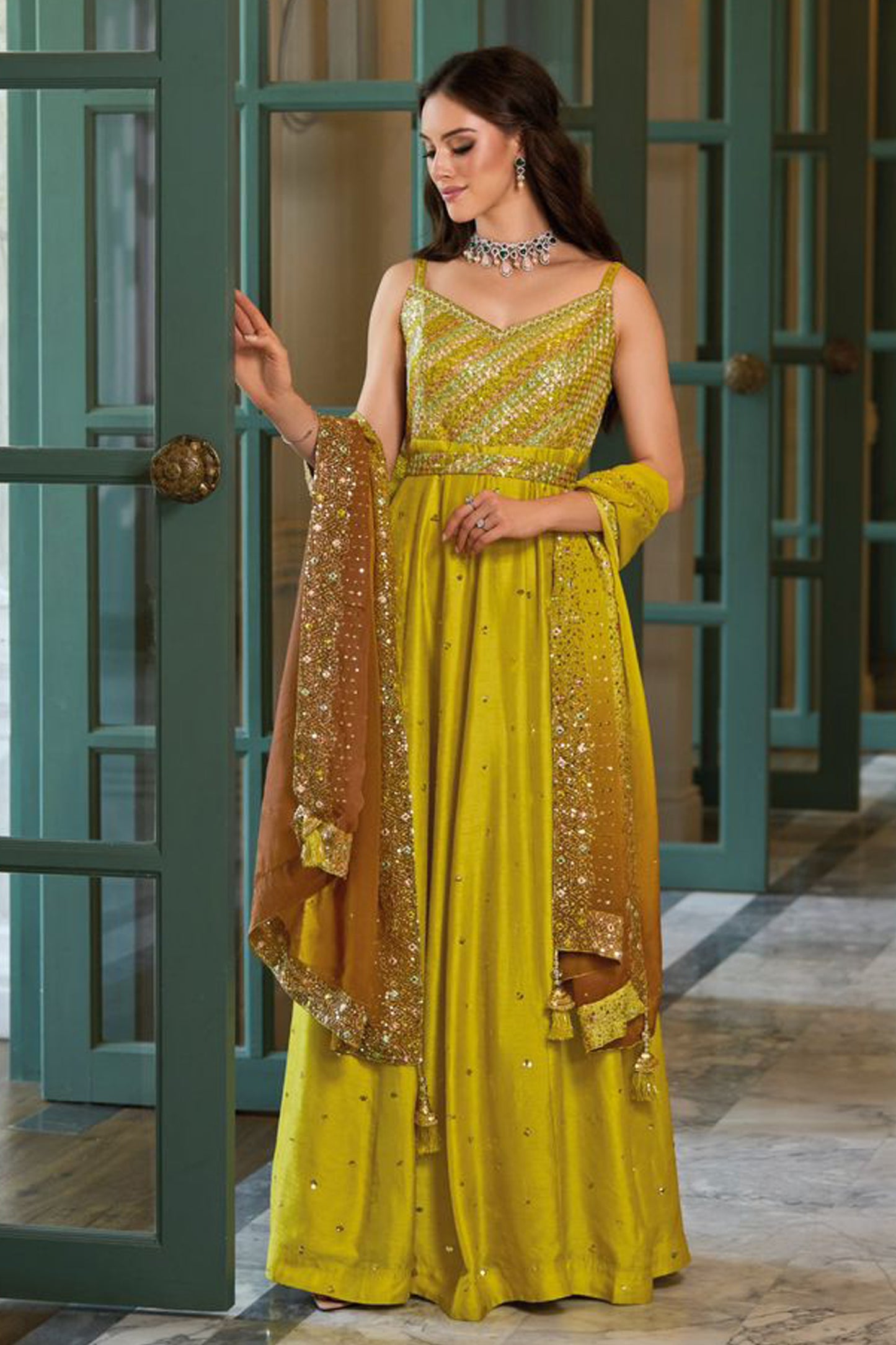 Haldi Ceremony Anarkali Gown With Dupatta Indian Wedding Dress USA