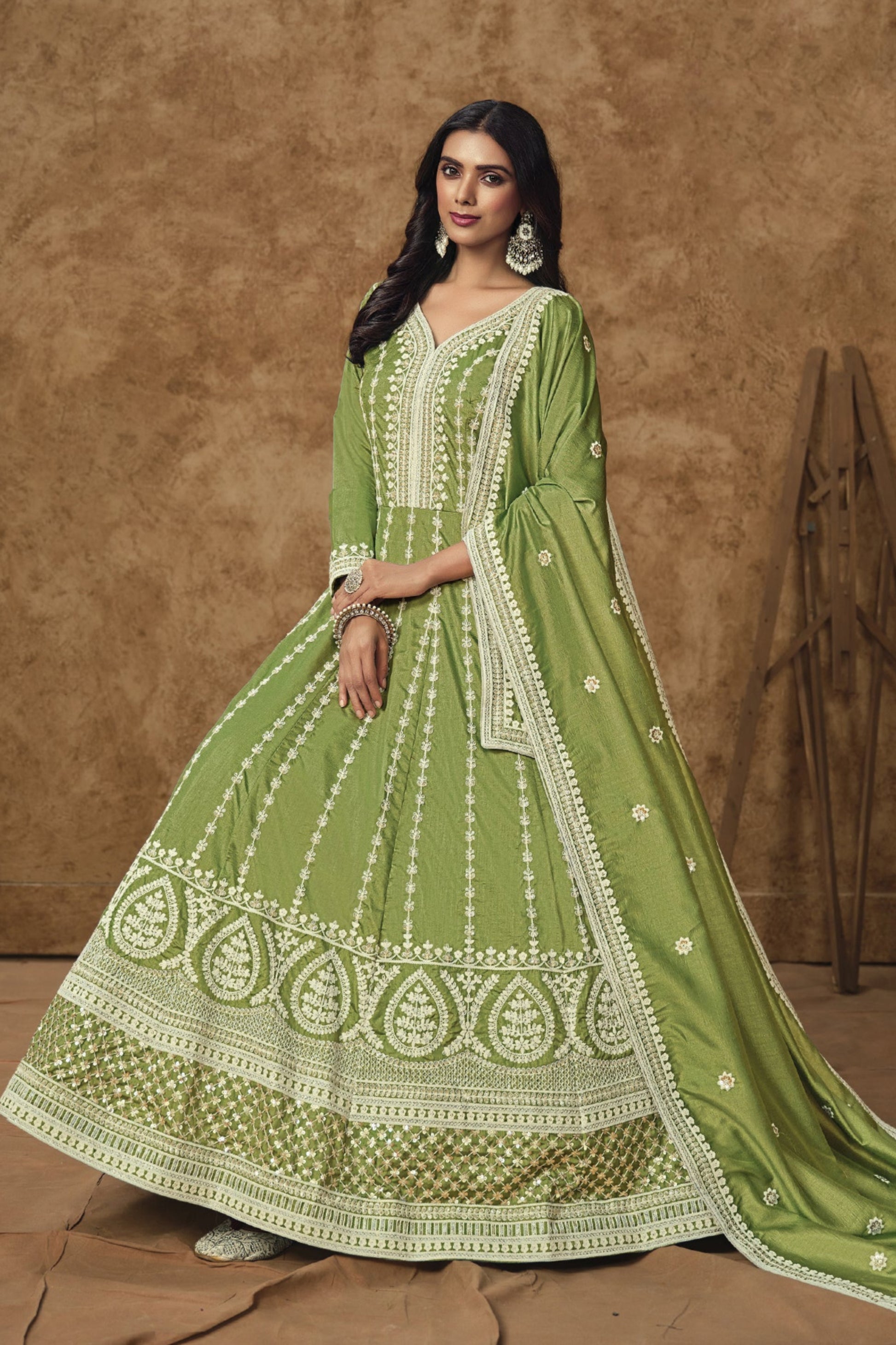 Olive Green Exclusive Anarkali Gown Stylish Suit – Seyuri