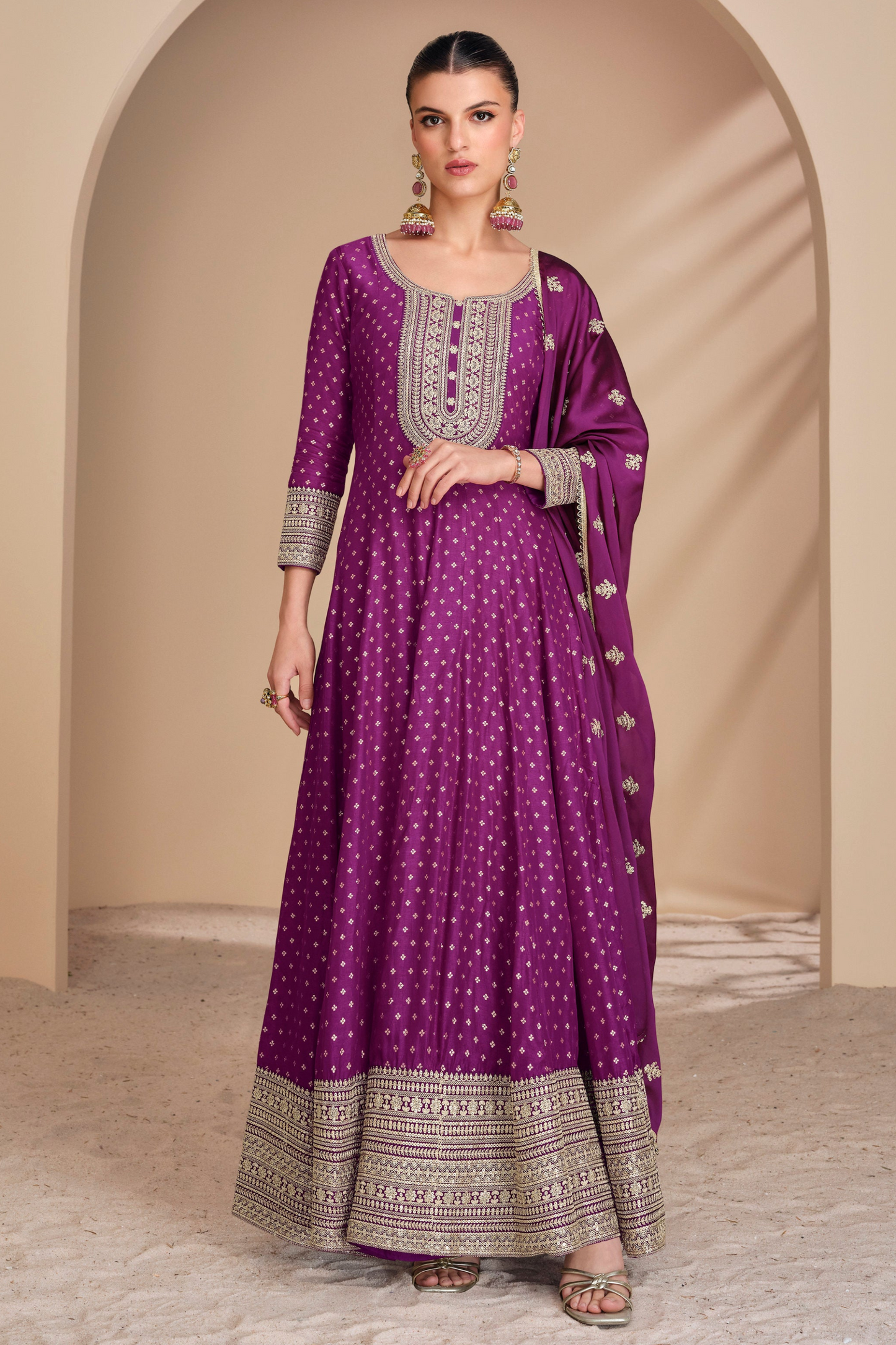 Wine Anarkali Gown Ethnic Party Wear Embroidery Worked Dupatta Suit