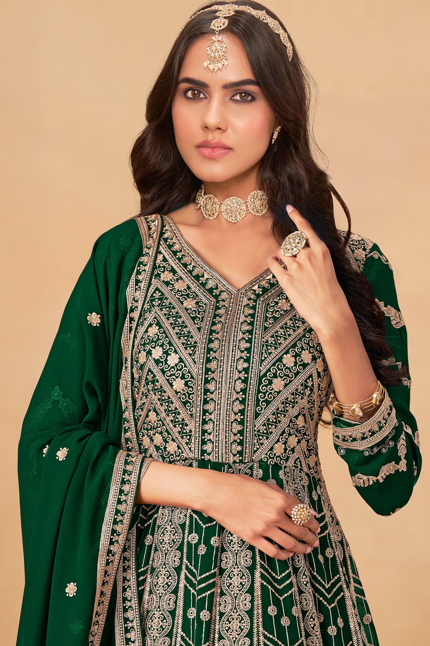 Green Heavy Embroidered Worked Long Anarkali Gown Dupatta 