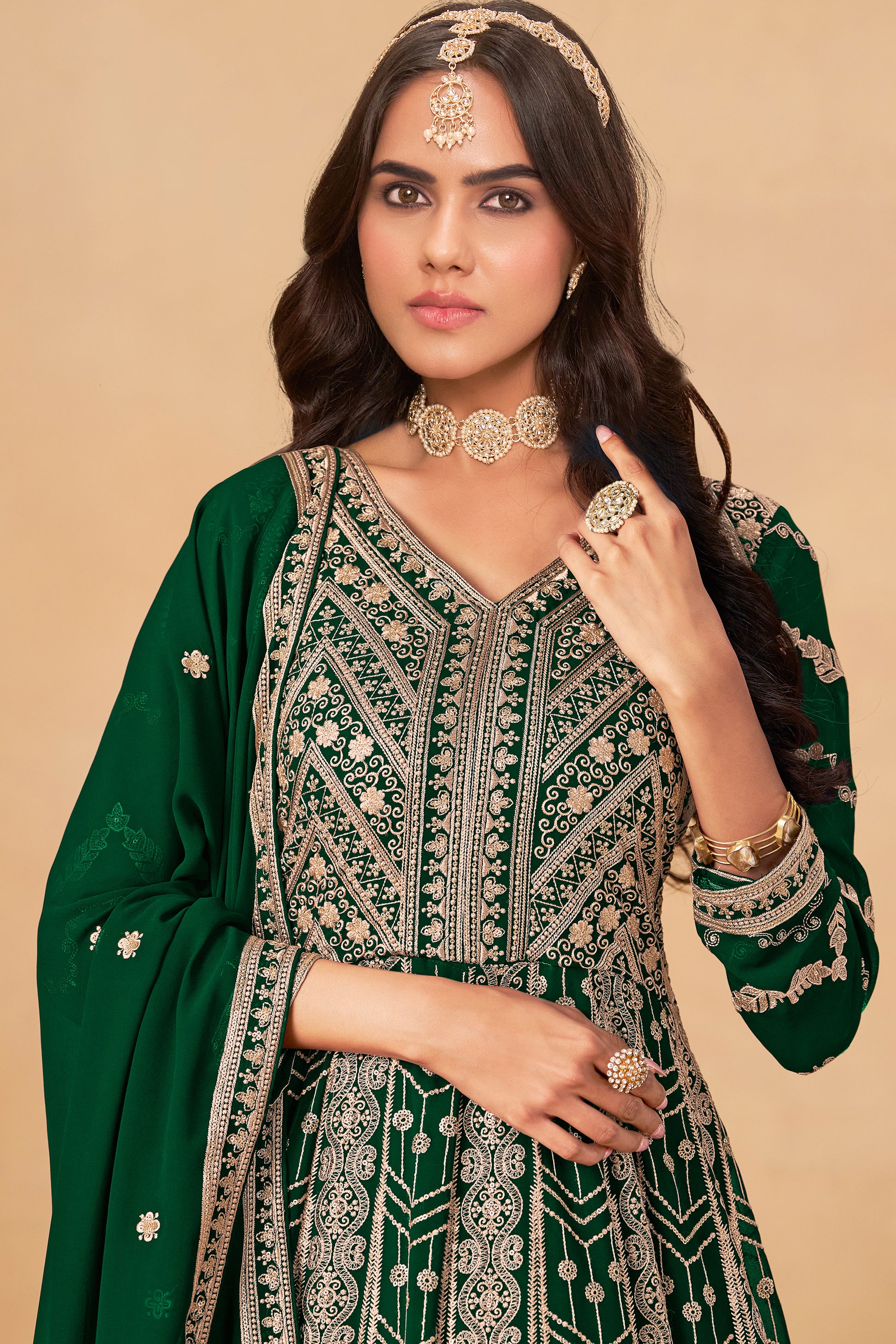 Green Heavy Embroidered Worked Long Anarkali Gown Dupatta 