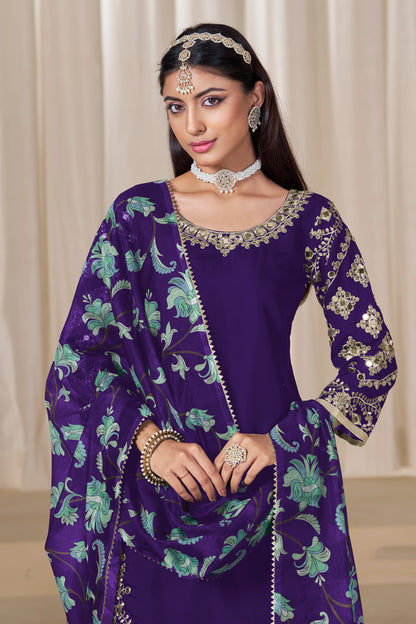 Royal purple patiala suit with flowing patiala drape