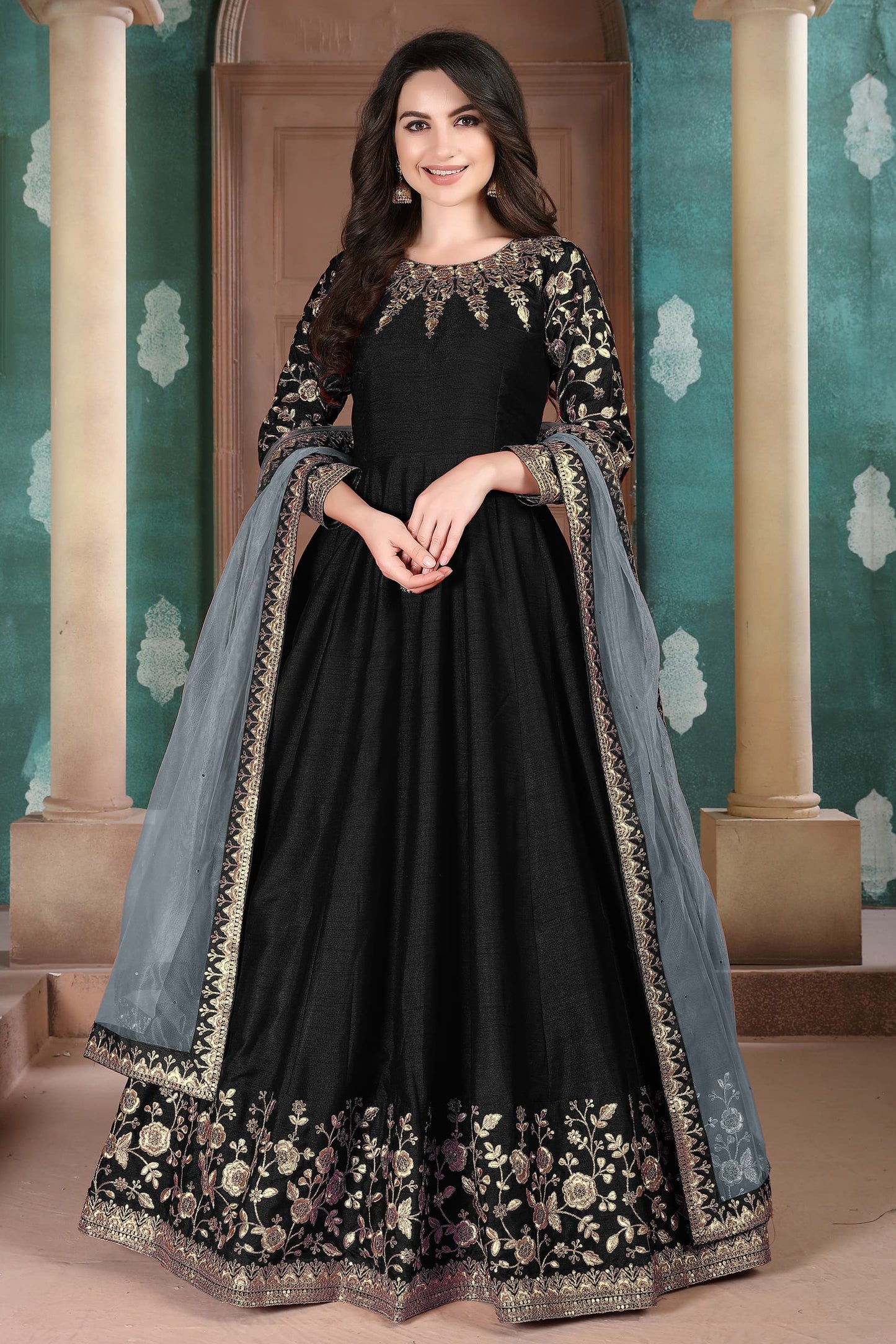 Black Designer Stitched Embroidery Worked Anarkali Gown With Net Dupatta 