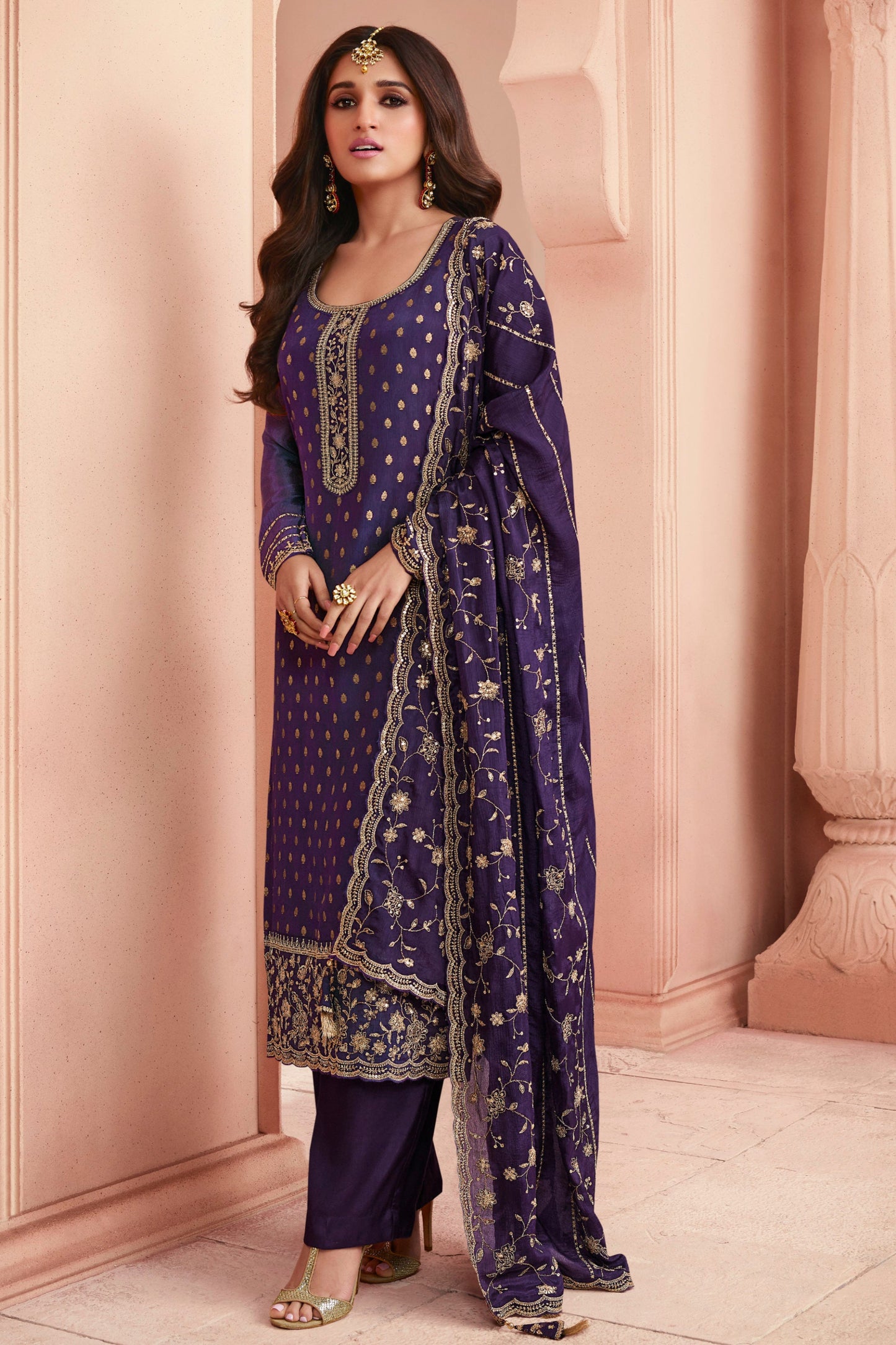 Purple women salwar kurta front view on model