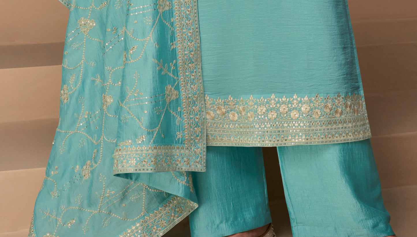 Cyan blue designer suit style salwar kameez front pose
