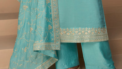 Cyan blue designer suit style salwar kameez front pose