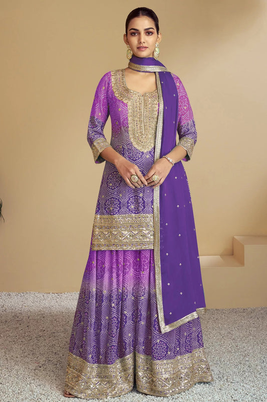 Purple Designer Palazzo Suit With Embroidery For Indian Wedding