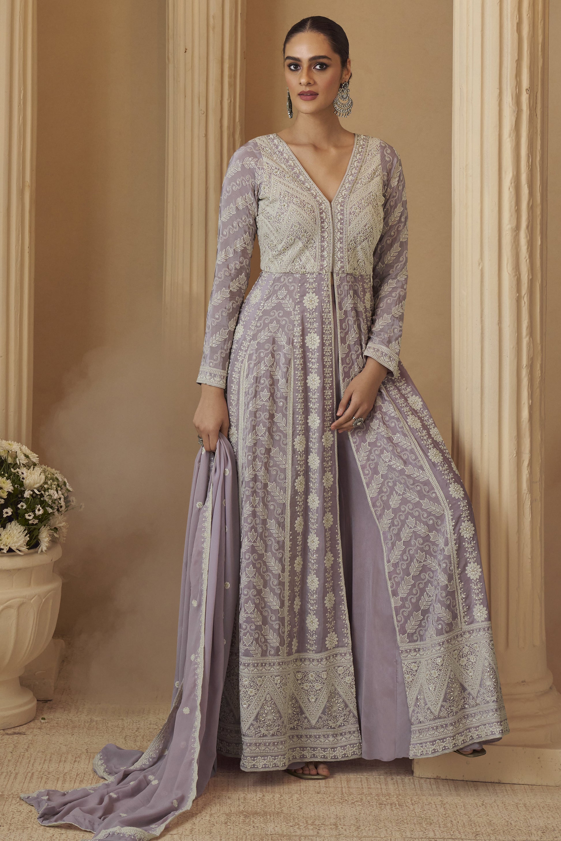 lavender anarkali front view with chikankari embroidery