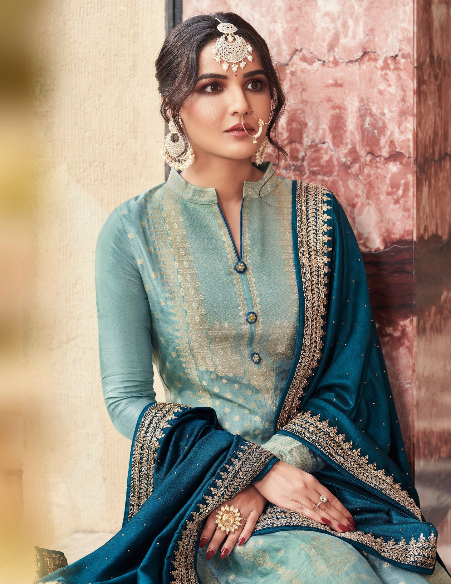 Sky Blue Salwar Suit with Heavy Embroidery Work - Full Length View - Available in Plus Sizes