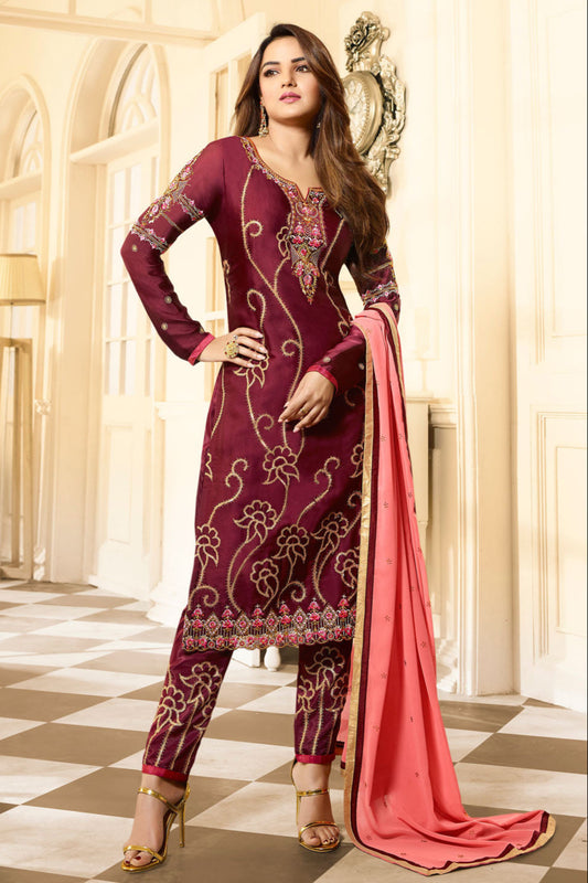 wine salwar kameez front view with embroidered detailing