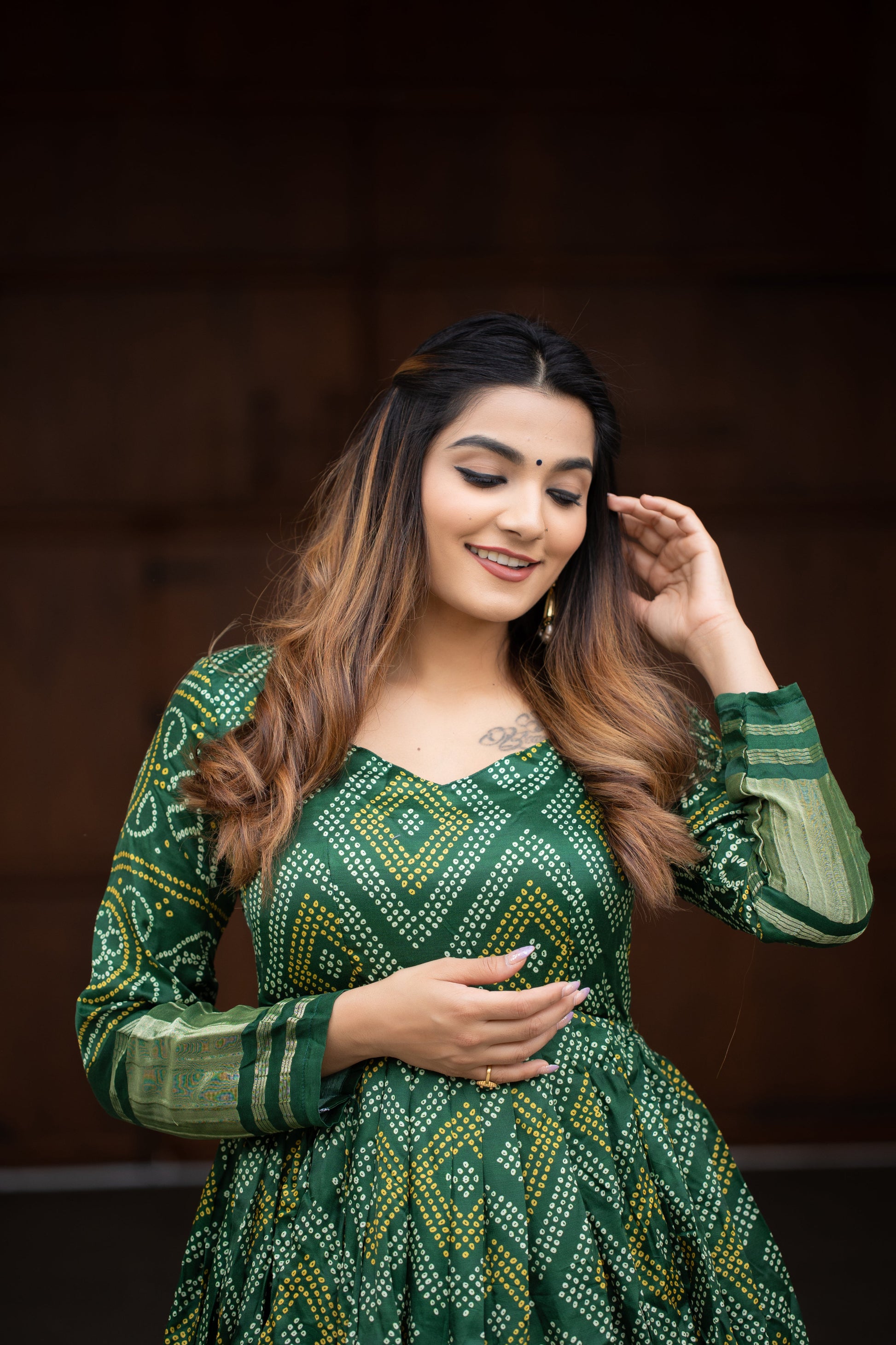 Traditional Indian Attire Women's Wear Green Anarkali Dresses Bandhej Suit