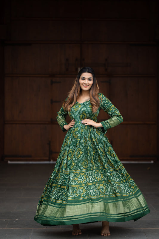Traditional Indian Attire Women's Wear Green Anarkali Dresses Bandhej Suit