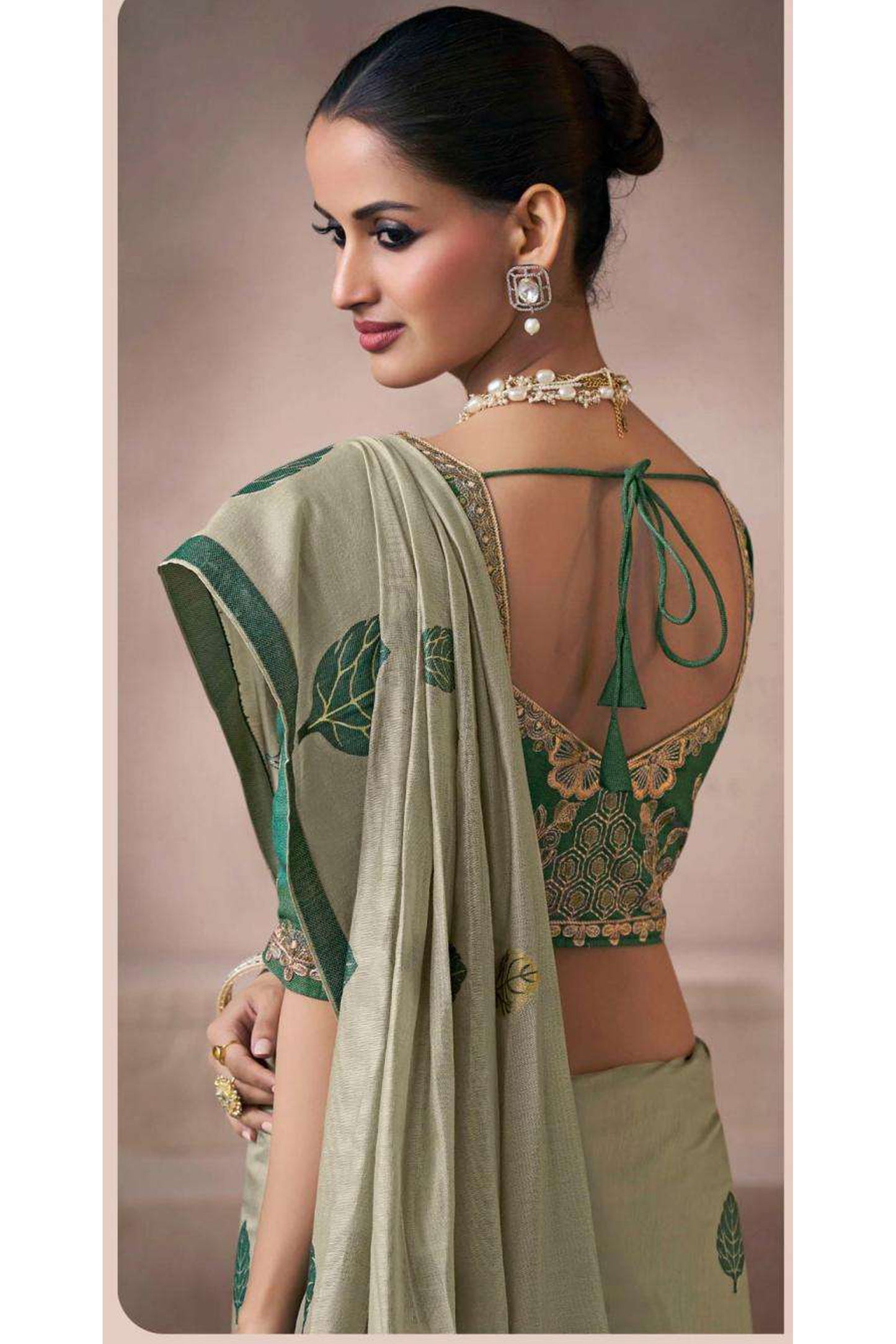 Full Drape View Of Green Designer Saree With Stitched Silk Blouse - Ready To Wear