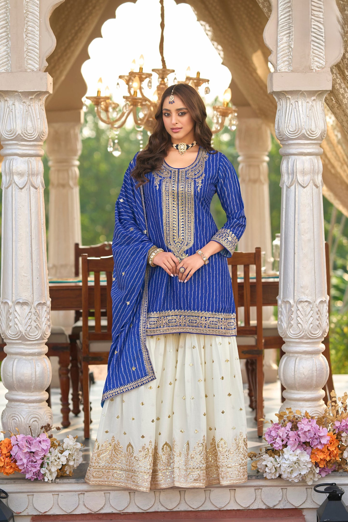 blue sharara suit for women with embroidered kurti