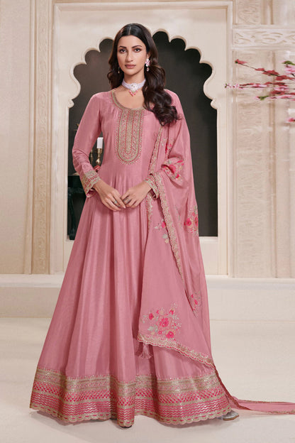  Pink Anarkali Long Gown Georgette Embroidery Worked With Dupatta For Her