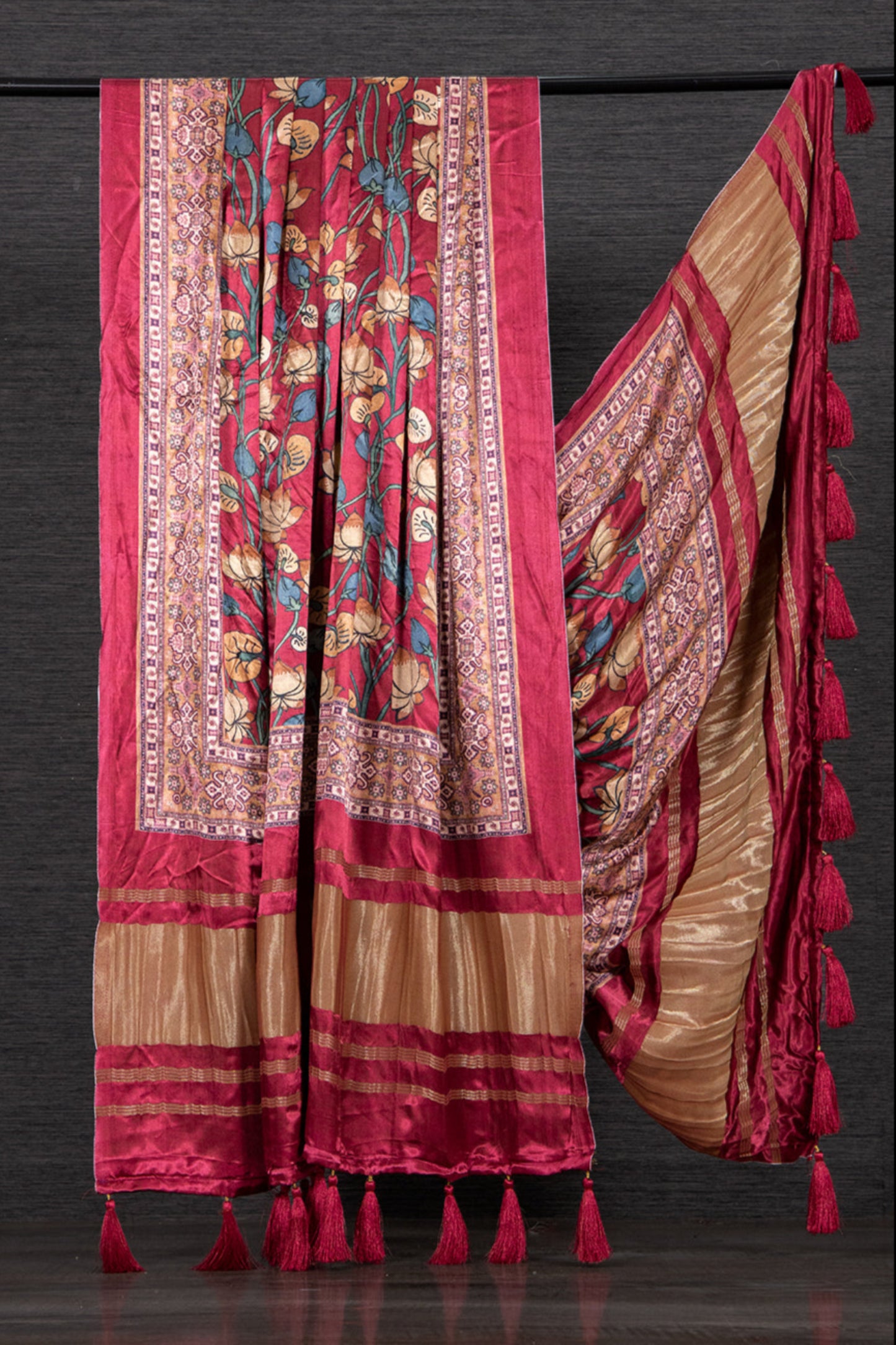 Digital print detail on bright pink dupatta scarf
