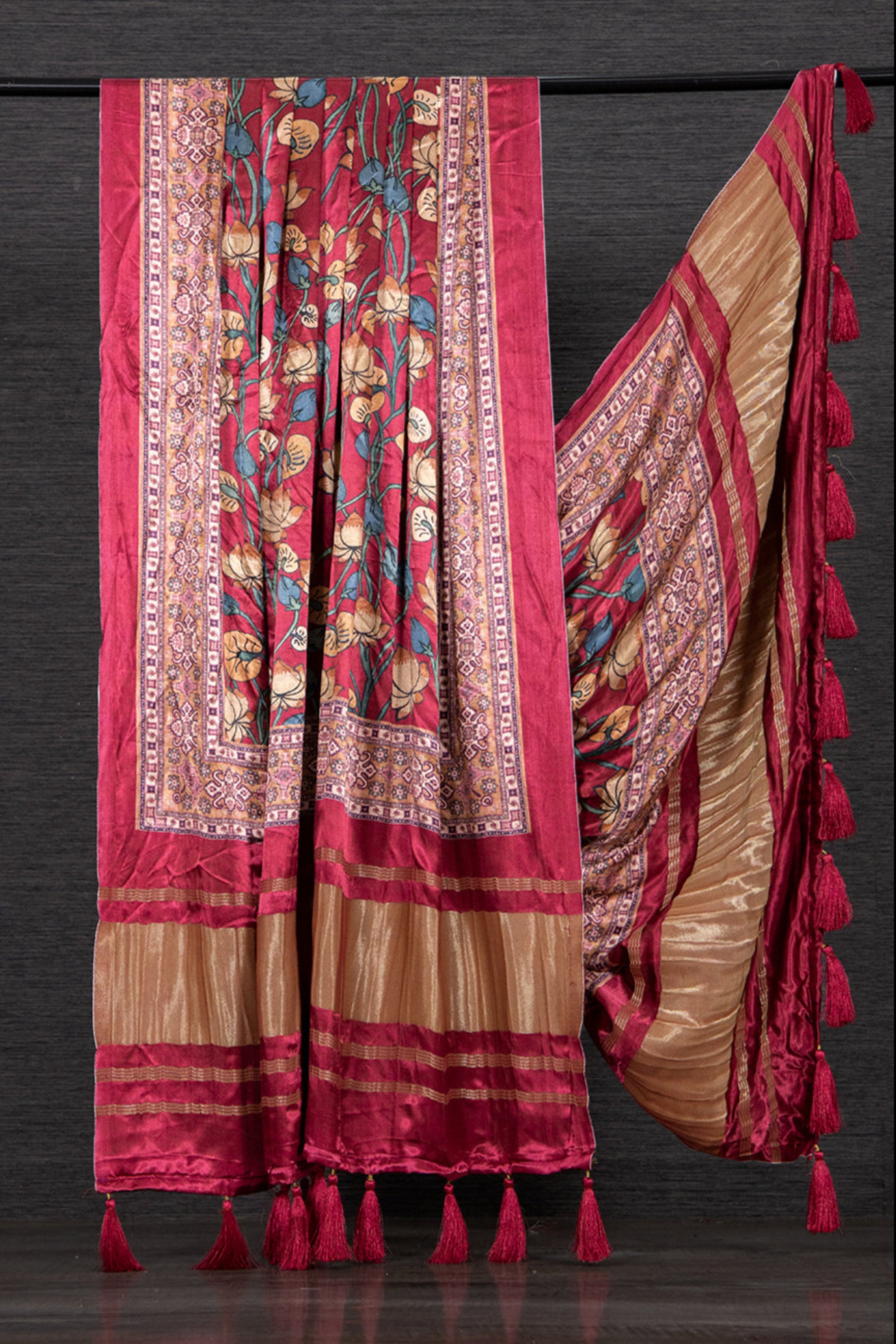 Digital print detail on bright pink dupatta scarf
