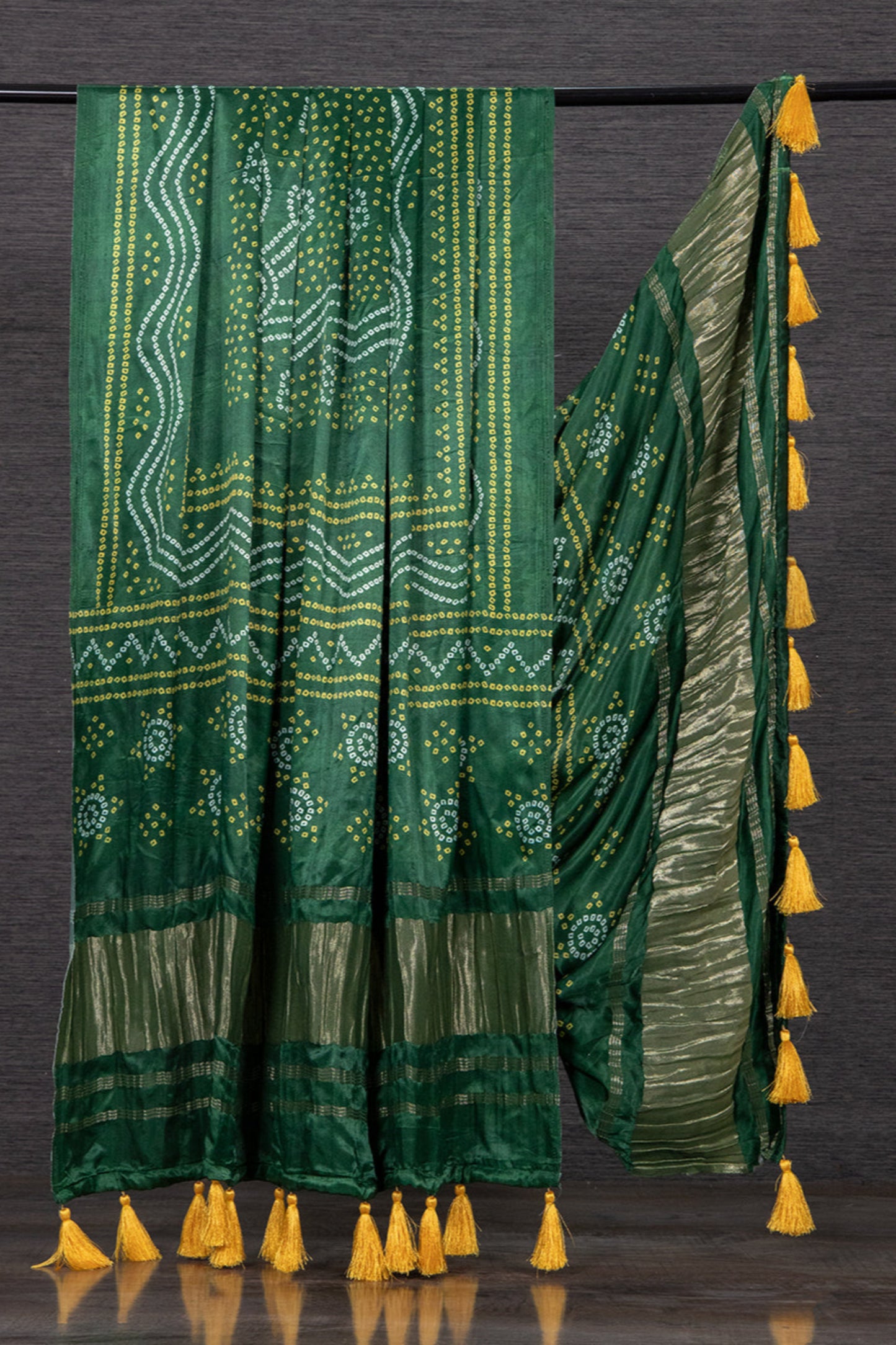Dark green gaji silk shawl dupatta laid flat

