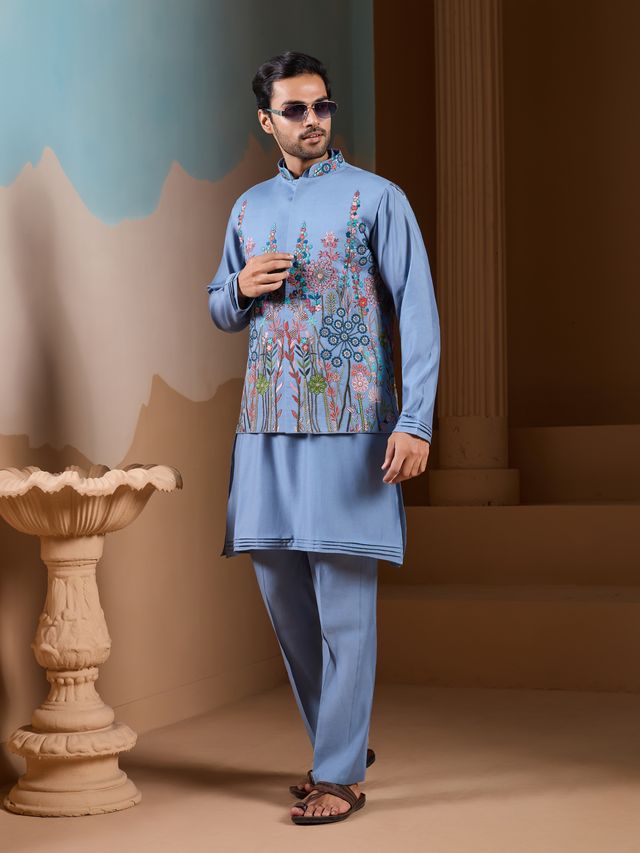 Men’s Blue Kurta Pajama Styled For Reception Wear