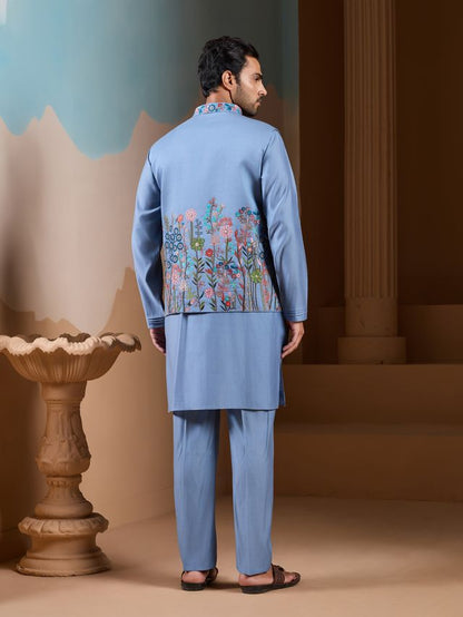 Men’s Muslim Kurta In Blue With Traditional Embroidery