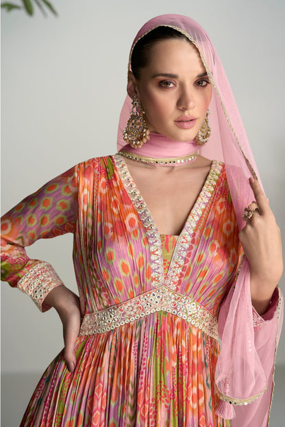 Full Flared Orange Pakistani Anarkali Gown For Eid-Ramzan Party Wear Suit