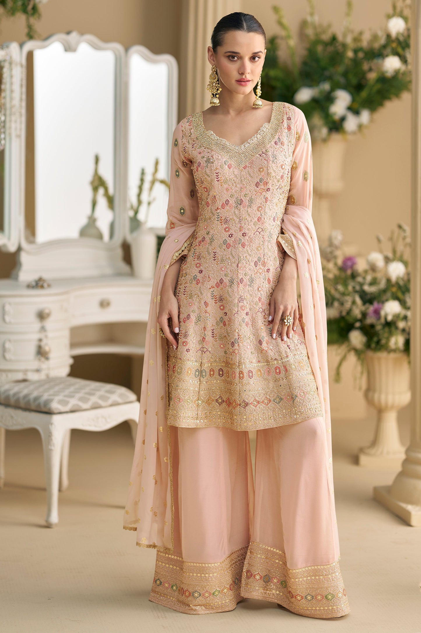 Baby Pink Reception Party Wear Salwar Kameez Palazzo Dupatta Suit For USA Women's Dresses
