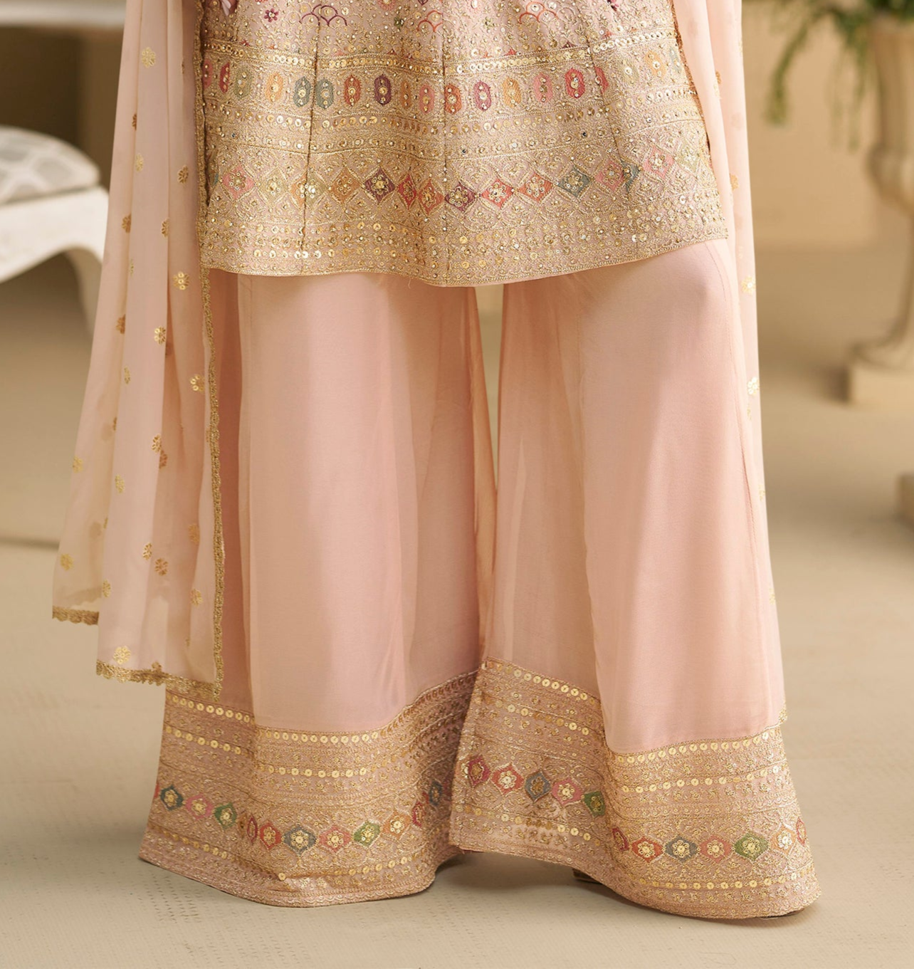 Baby Pink Reception Party Wear Salwar Kameez Palazzo Dupatta Suit For USA Women's Dresses
